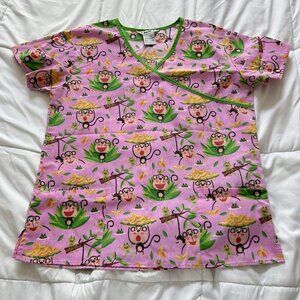 Lot Of 3 Womens Medium Pink Monkey Penguin Short Sleeve Medical Dental Scrub Top